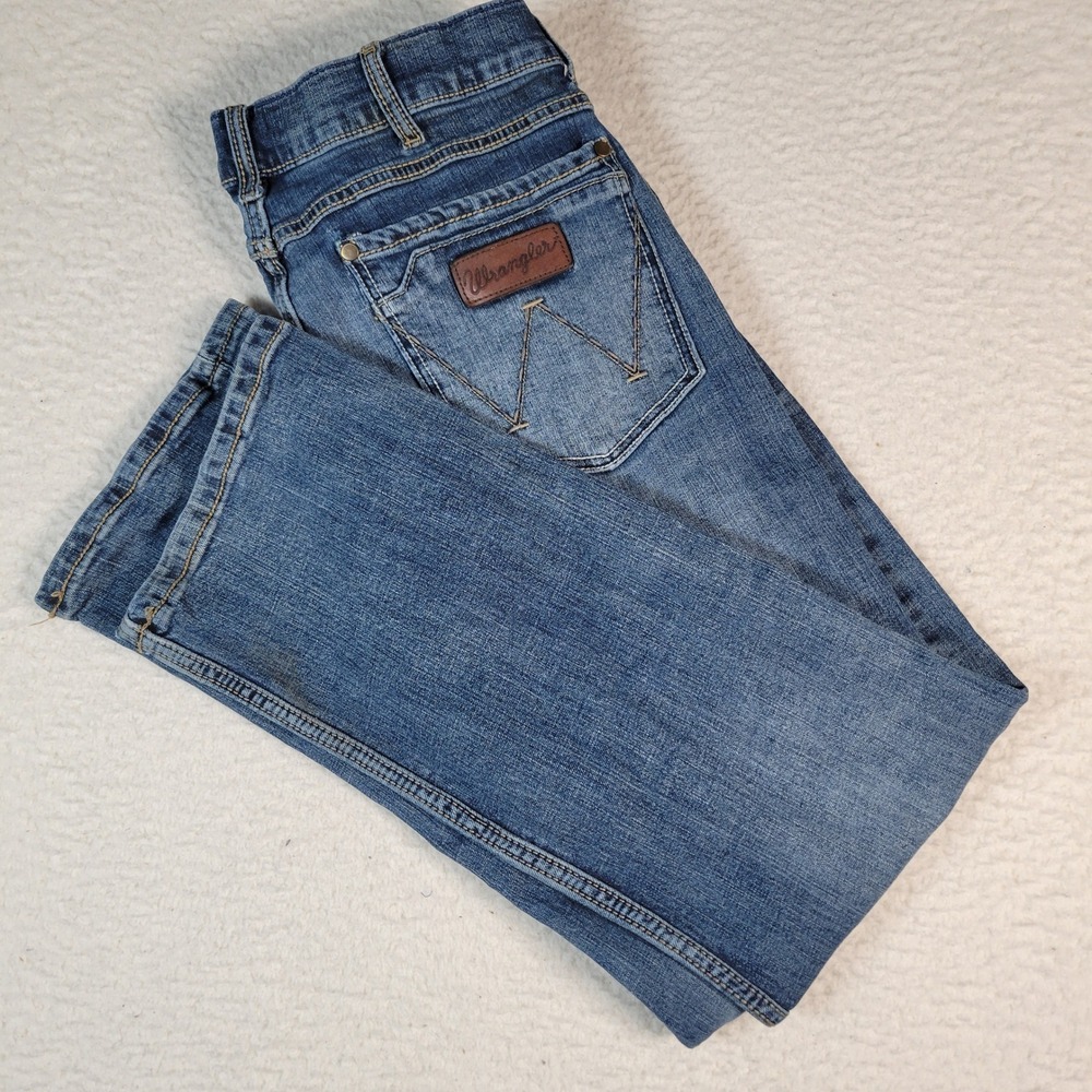 Wrangler Retro Slim Boot Jeans Mens 34x30 Blue Stretch Denim Has stain